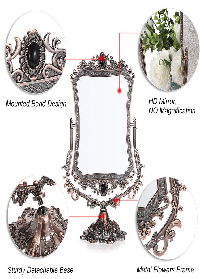 JUXYES Metal Tabletop Antique Decorative Makeup Mirror with Stand, Vintage 360° Swivel Double Sided Cosmetic Mirror with Frame, Retro Desktop Dressing Mirror Magic Mirror for Dresser - Image 4